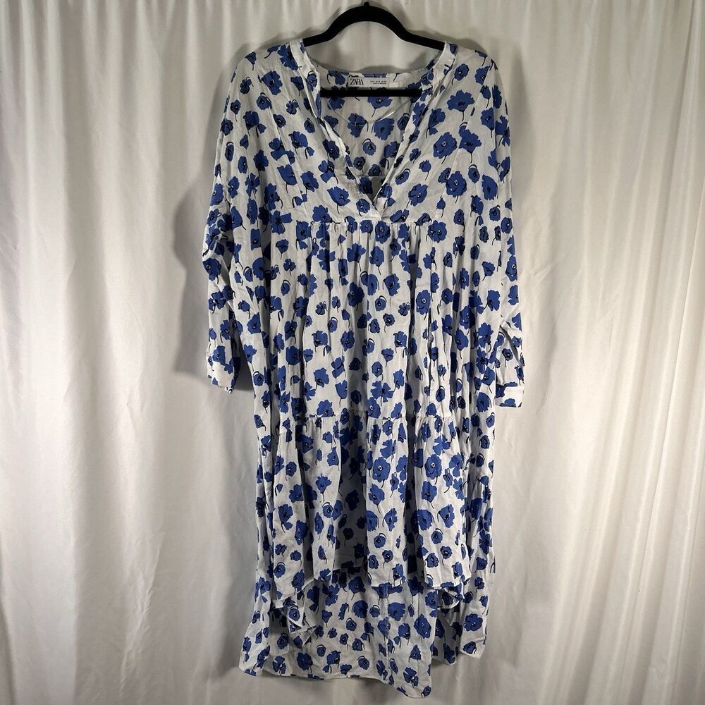 Zara Mini Dress Women's Small White Blue Floral V-Neck Long Sleeve Spring Summer